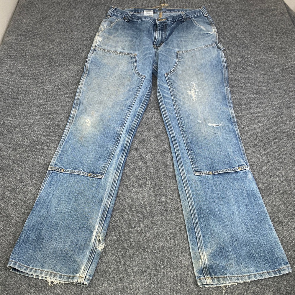 Carhartt Relaxed Fit Double Front Logger Jeans Mens 36x34 Light Wash Distressed